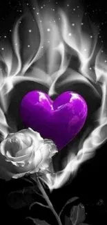 Purple heart with flames and white rose on black background.