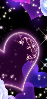 Purple heart wallpaper with glowing stars and blue roses.