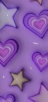 Purple 3D hearts and stars wallpaper design.