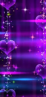 Purple hearts and stars wallpaper glowing on a dark background.