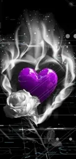 Purple heart with flames and white rose on dark background.