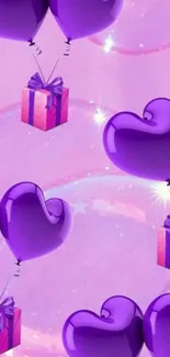 Purple heart balloons and gifts on a lavender background.