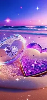 Purple heart shapes on a dreamy beach with an ocean view and shimmering stars.