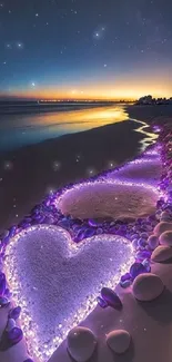 Purple hearts on beach at twilight, glowing in serene scenery.