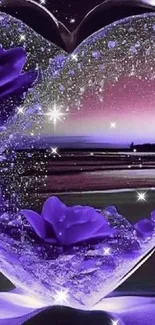 Purple heart with beach view background and starry sky.