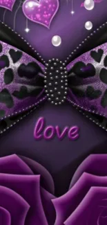 Purple heart and bow wallpaper with roses.