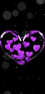 Purple heart bubble wallpaper with black background and vivid design.