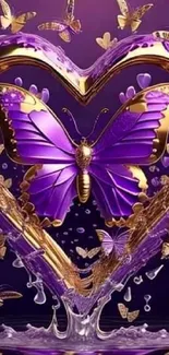 Purple heart wallpaper with gold butterflies, vibrant and elegant.