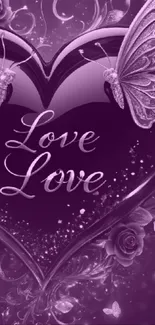 Purple heart with butterflies and floral design on wallpaper.
