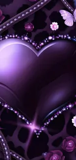 Purple heart with butterflies and floral accents on wallpaper.