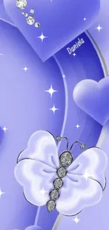 Lavender wallpaper with hearts and a butterfly.