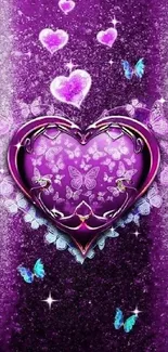 Purple heart wallpaper with butterflies and elegant design.