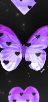 Purple butterfly with hearts on a starry black background.