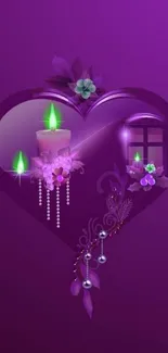 Purple heart with candles and floral design, perfect for mobile wallpaper.