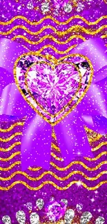 Vibrant purple heart crystal wallpaper with gold and bow accents.