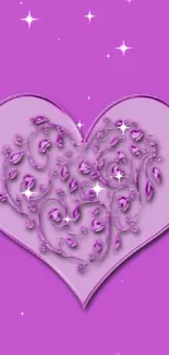 Purple heart design with floral patterns on wallpaper.