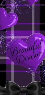 Purple heart design with floral accents on wallpaper.