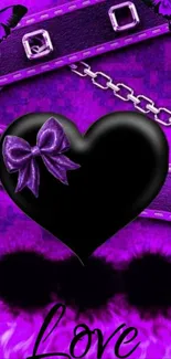 Purple heart wallpaper with bow and butterflies.