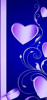 Purple heart and floral pattern wallpaper with ribbon.