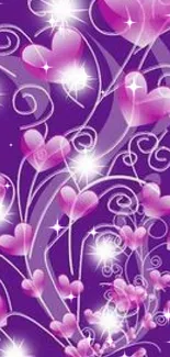 Purple fantasy wallpaper with glowing hearts on a vibrant background.