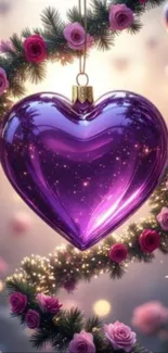 Purple heart ornament with floral details and bokeh lights.