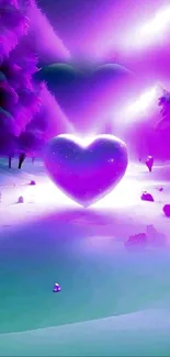 Purple glowing heart in an enchanted forest landscape.