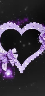 Purple heart frame with flowers on black background.