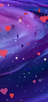 Purple galaxy wallpaper with heart motifs and cosmic stars.