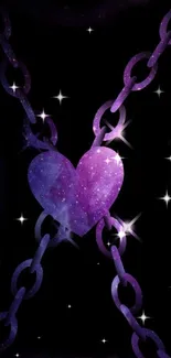 Purple galaxy heart with chains on black background.