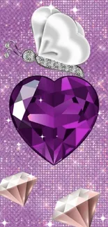 Purple heart gemstone with butterfly on sparkling background.