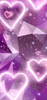 Neon hearts on purple geometric wallpaper background.