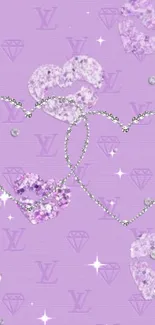 Lavender wallpaper with jeweled hearts and luxury motifs.