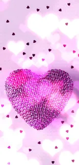 Purple glitter heart on lilac background with small hearts.