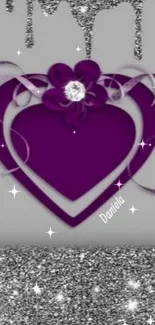 Purple heart and silver glitter phone wallpaper.