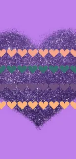 Purple glitter heart with colorful heart rows on wallpaper.