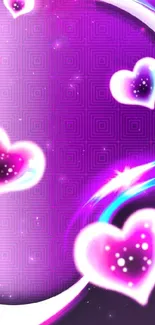 Vibrant purple wallpaper with glowing hearts.