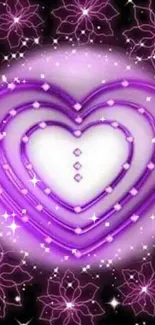 Purple glowing heart with stars and floral patterns on dark background.