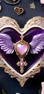 Purple heart with wings and gothic accents, perfect for mobile wallpaper.