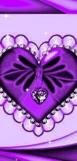 Purple heart with jewel accents and elegant design on mobile wallpaper.