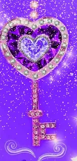 Bright purple heart key with crystal details on a shimmering background.