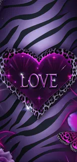 Purple heart and zebra pattern wallpaper with butterflies.