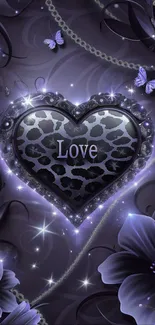 Purple heart with love text and butterflies on floral background.
