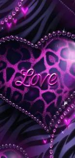 Purple heart with love inscription and leopard print.