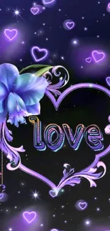 Purple heart wallpaper with neon love design.