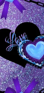 Purple heart and love theme wallpaper with sparkling background and ribbons.