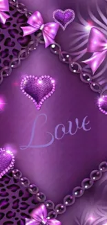 Purple love wallpaper with hearts and ribbons.