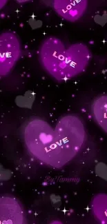 Purple hearts on a black background with love text.