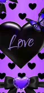 Purple heart and butterfly wallpaper with a love theme.