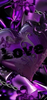 Purple heart love wallpaper with butterfly and floral elements.