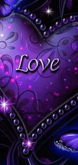 Purple heart with butterflies and sparkles